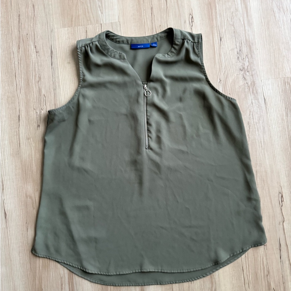APT. 9 Olive Green Sleeveless Blouse L – Zip Front Top Workwear or Casual